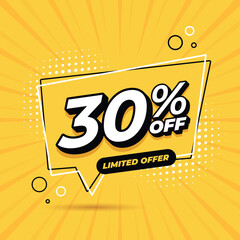 Yellow banner 30% discount for promotions and offers