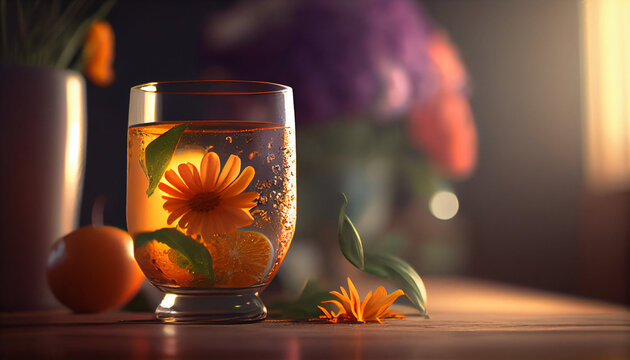 Closeup of a glass of Orangeade. Ai generated image