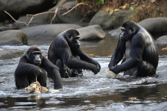 photo of gorilla washing in river