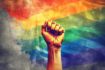 fist up with the pride flag as background