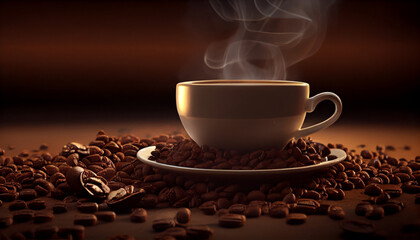 Fresh roasted coffee beans background with cup of coffee Ai generated image 