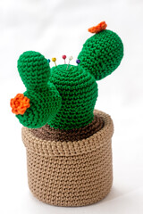 Fototapeta na wymiar pincushion in the shape of a cactus in a pot, crocheted, on a white background