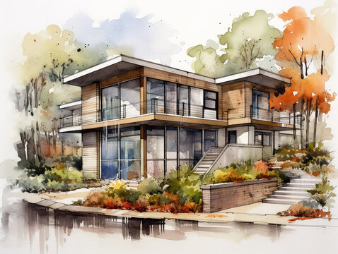 A Watercolor of a Beautiful Home with a Contemporary Architecture Design | Generative AI