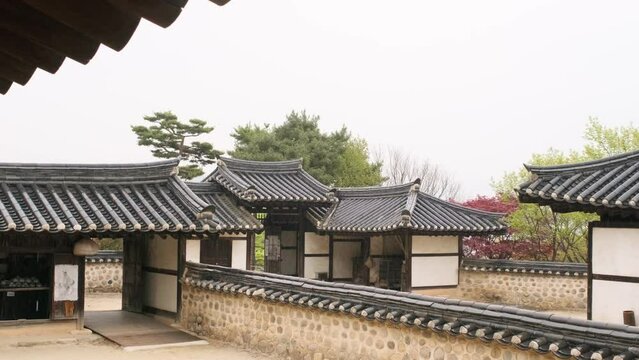 Traditional asian korean cultural village in rainy day without people