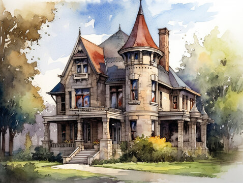 A Watercolor of a Beautiful Home with a Gothic Architecture Design | Generative AI
