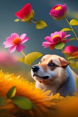 Hermoso perro alrededor de flores muy coloridas  