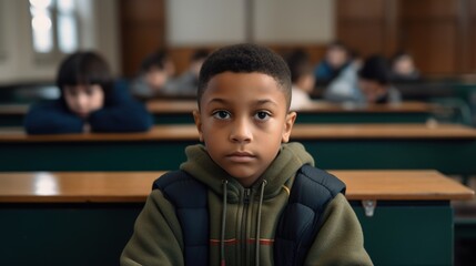 Portrait of a little boy looking at camera in classroom.Generative Ai