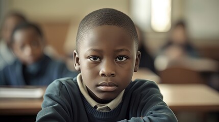 Portrait of a little boy looking at camera in classroom.Generative Ai