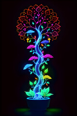 Neon glowing outlined illustration of colorful Bodhi tree