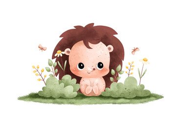 Watercolor Illustration cute baby hedgehog sits on grass with butterflies and flowers