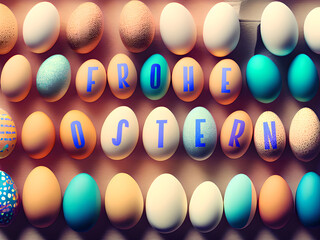 Dekoration aus vielen Ostereiern und Text Frohe Ostern. Ki generiert. 