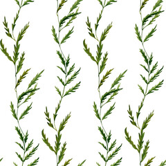 Seamless pattern with watercolor hand drawn green leaves on white or transparent background