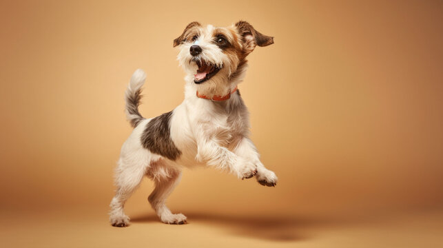 Pastel puppies. Happy dog ​​laughing on plain pastel background. Cute happy dog ​​jumping with open mouth. Images of happy and funny dogs. mage generated by AI.