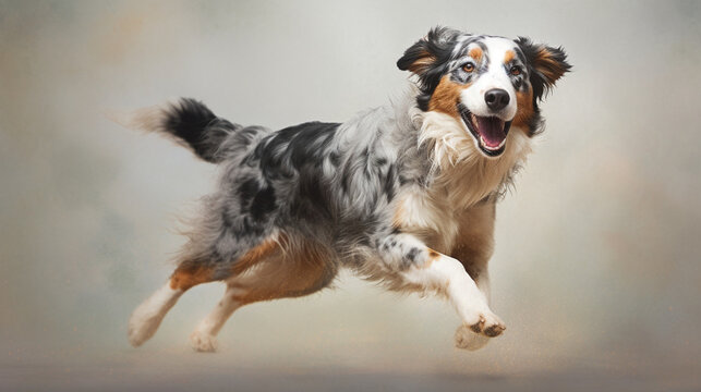 Pastel puppies. Happy dog ​​laughing on plain pastel background. Cute happy dog ​​jumping with open mouth. Images of happy and funny dogs. mage generated by AI.