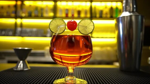 A glass of cocktail is placed colored fresh atmosphere in the bar and restaurant in order to refresh customers.