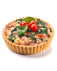 A quiche with ham, tomatoes, spinach, and soft cheese on a white background. (Generative AI)