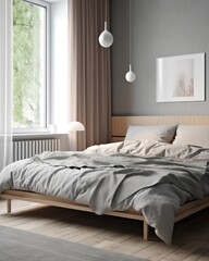 Light pillows adorn the Scandinavian minimalist style bed in the bedroom. (Generative AI)