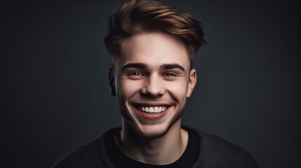 Obraz premium Close up portrait of a smiling young man on a gray background.Generative Ai
