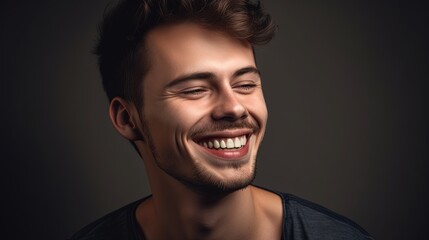 Fototapeta premium Close up portrait of a smiling young man on a gray background.Generative Ai