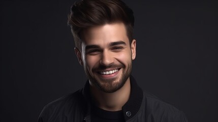 Fototapeta premium Close up portrait of a smiling young man on a gray background.Generative Ai