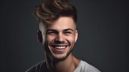 Fototapeta premium Close up portrait of a smiling young man on a gray background.Generative Ai