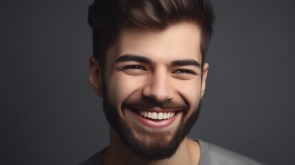 Obraz premium Close up portrait of a smiling young man on a gray background.Generative Ai