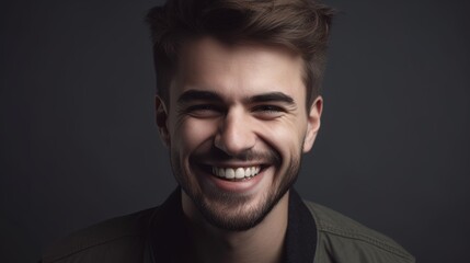 Fototapeta premium Close up portrait of a smiling young man on a gray background.Generative Ai