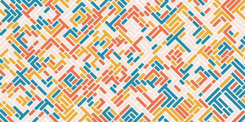 Abstract geometric background. Abstract technology pattern with colorful geometric shapes in tessellation. Linear abstract lattice, random coloring. Vector seamless linear pattern.
