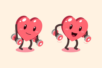 Vector cartoon heart character doing weight training for design.