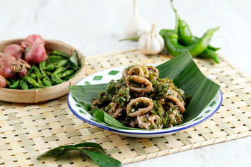 Cumi Cabe Ijo, Spicy Stir Fry Squid with Green Pepper, Shallot, and Garlic.