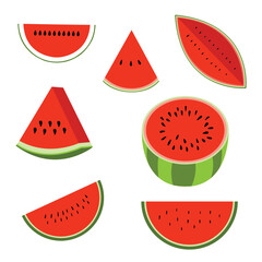 fresh green open watermelon half, slices and triangles. Red watermelon piece with bite. Sliced Cartoon water melon fruit vector set. Illustration of watermelon freshness nature