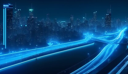 Night city landscape with blue neon lights from Generative AI