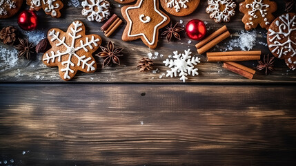 Christmas decoration lay flat on a wooden background. Created using generative AI tools