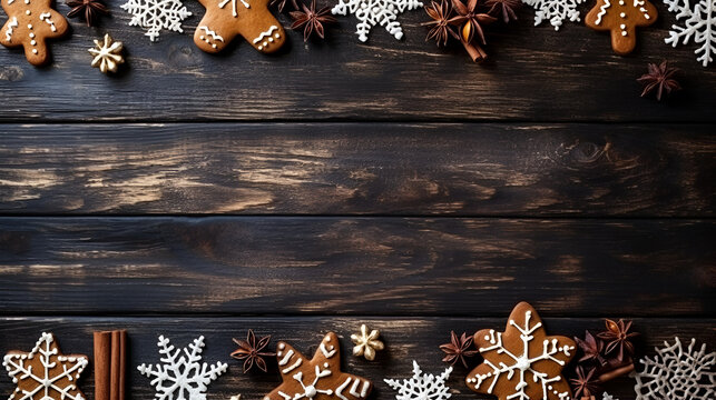 Christmas decoration lay flat on a wooden background. Created using generative AI tools
