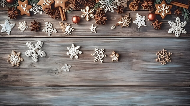 Christmas decoration lay flat on a wooden background. Created using generative AI tools