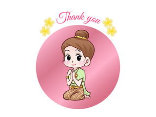 Thank you label with a Thai girl on the Pink Round Label       for giving a gratitude for the customers, friends, colleagues, family. 