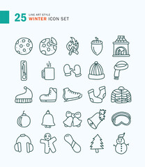 Set of Winter Icon Line Art Style. Cake, cold, snowboarding.
