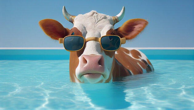 Happy Cow having fun at summer holidays in a swiming in pool Ai generated image
