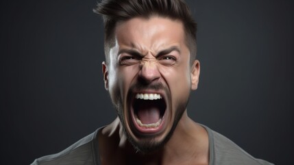 Close-up portrait of a Muscular man shouting on dark background.Generative Ai