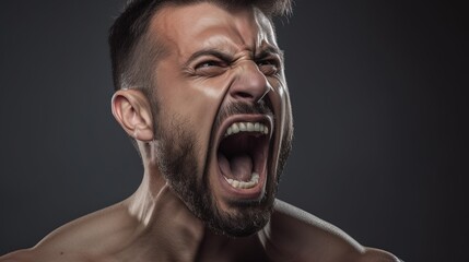 Close-up portrait of a Muscular man shouting on dark background.Generative Ai