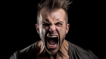 Close-up portrait of a Muscular man shouting on dark background.Generative Ai