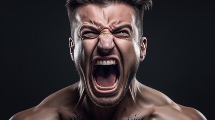 Close-up portrait of a Muscular man shouting on dark background.Generative Ai