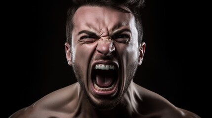 Close-up portrait of a Muscular man shouting on dark background.Generative Ai