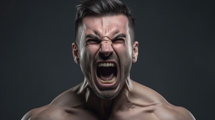 Close-up portrait of a Muscular man shouting on dark background.Generative Ai