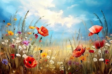 Fototapeta na wymiar beautiful flowers in a meadow and sunny sky Generative AI