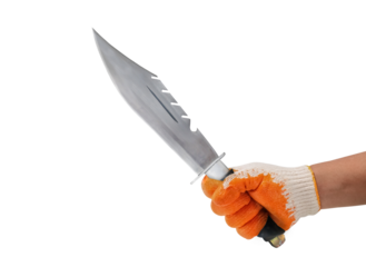 Man Hand wearing Gloves holding knife isolated on white background
