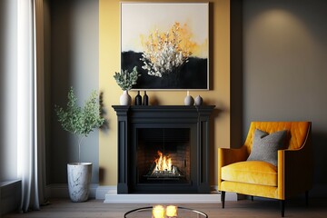 Yellow and Grey Living Room with Fireplace