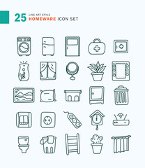Set of Homeware Icon Line Art Style. Electronics, electricity, decoration.
