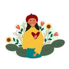 Flat illustration character of portrait french girl self love or love your self illustration.