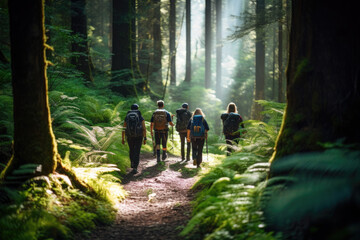 a group of people hiking in a forest